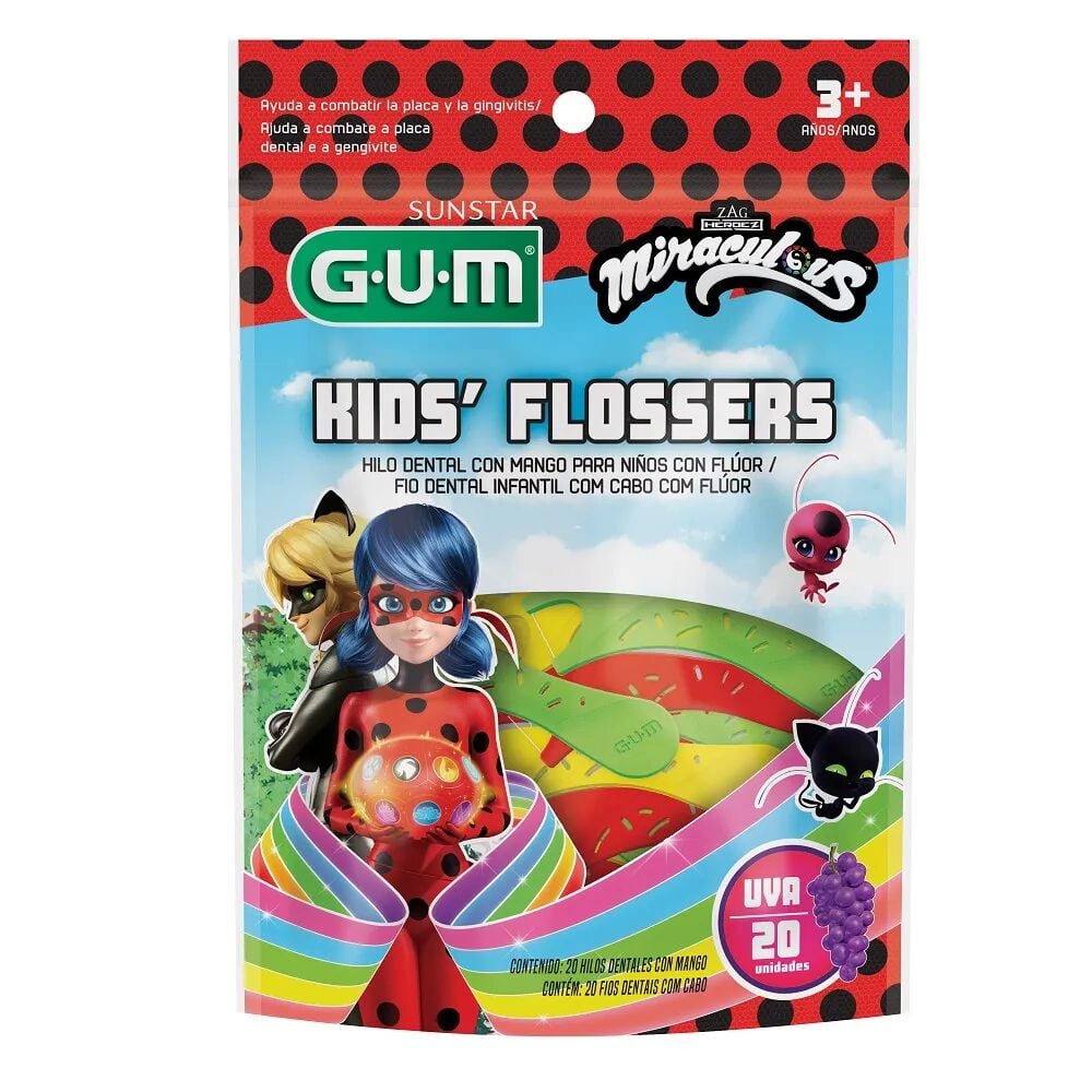Hilo-Dental-Para-Ninos-Con-Fluor-Flossers-Kids-Miraculous-Gum-Bolsa-por-20-Uva-imagen