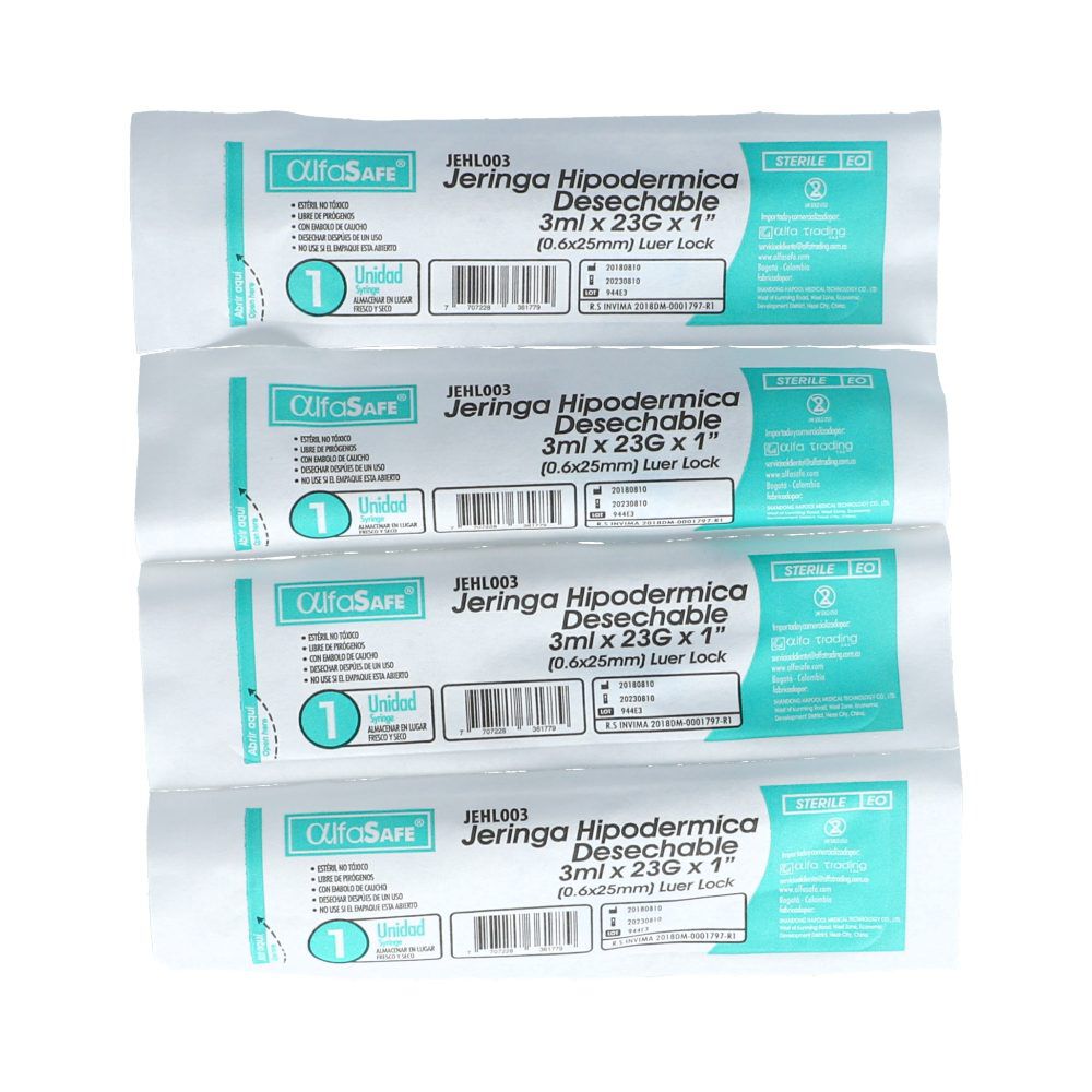 Jeringa Hipodermica Desechable 3 Ml 23 Gx1 Pulgada Luer Lock Alfasafe Sobre X 1