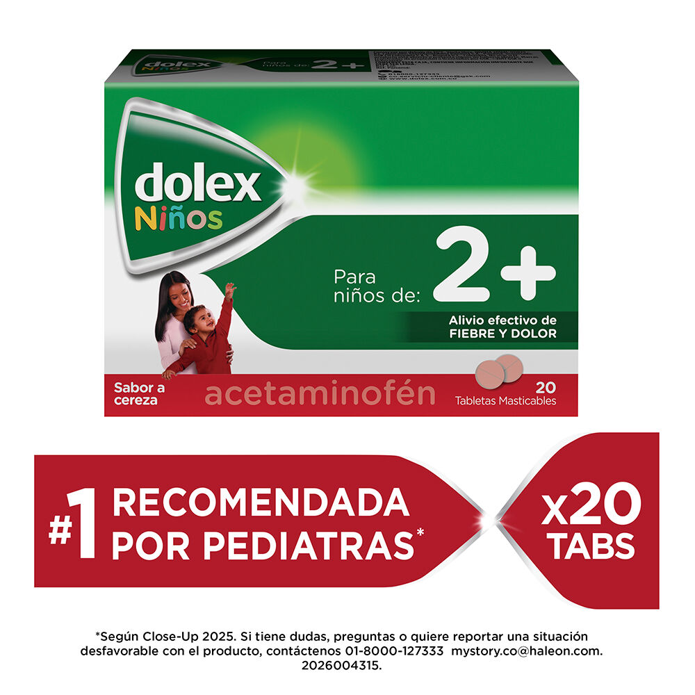 Dolex Niños 2+ Tabletas Masticables Sabor a Cereza 100Mg Caja X 20