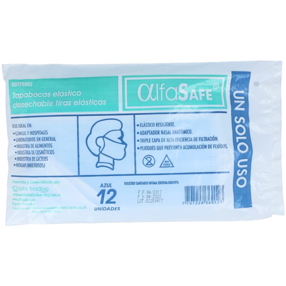Tapabocas Azul Con Elástico Paquete X 12