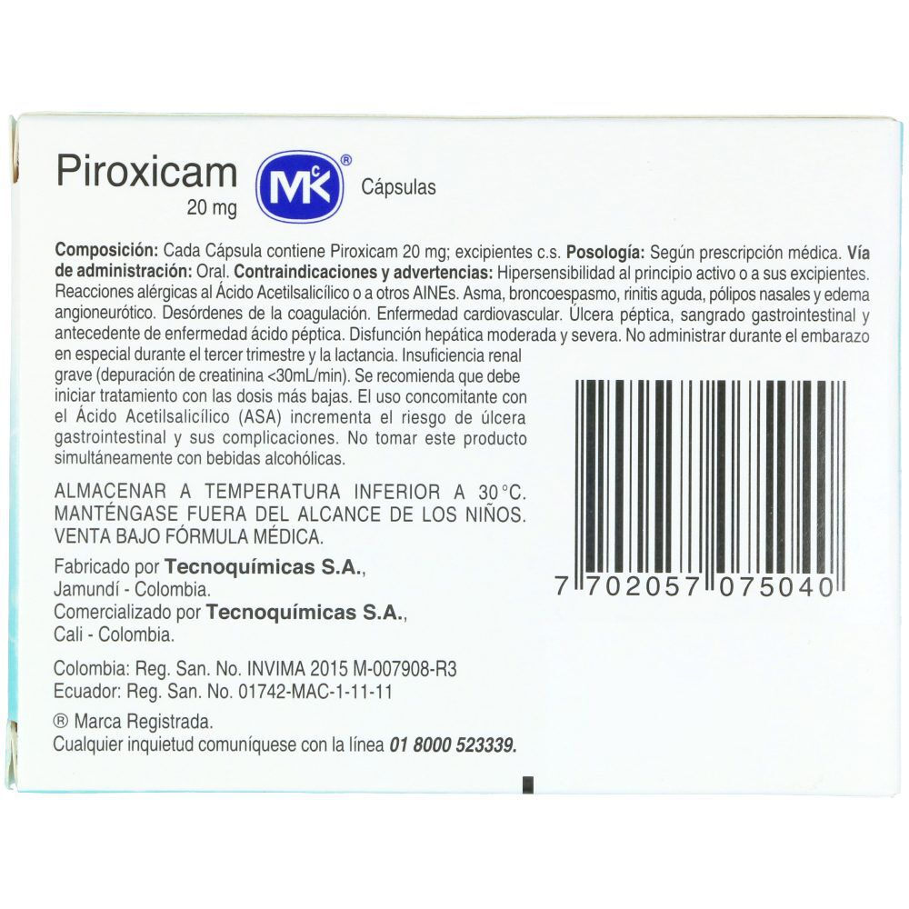 Piroxicam 20Mg Capsula Caja X 10 Capsulas