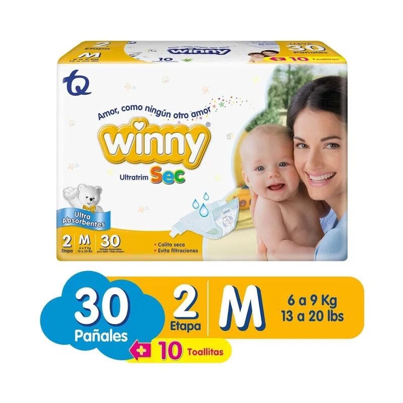Promo Pañal+Toallitas Winny Ultratrim Sec Etapa 2 Paquete X 30 Pañales + 10 Toallitas