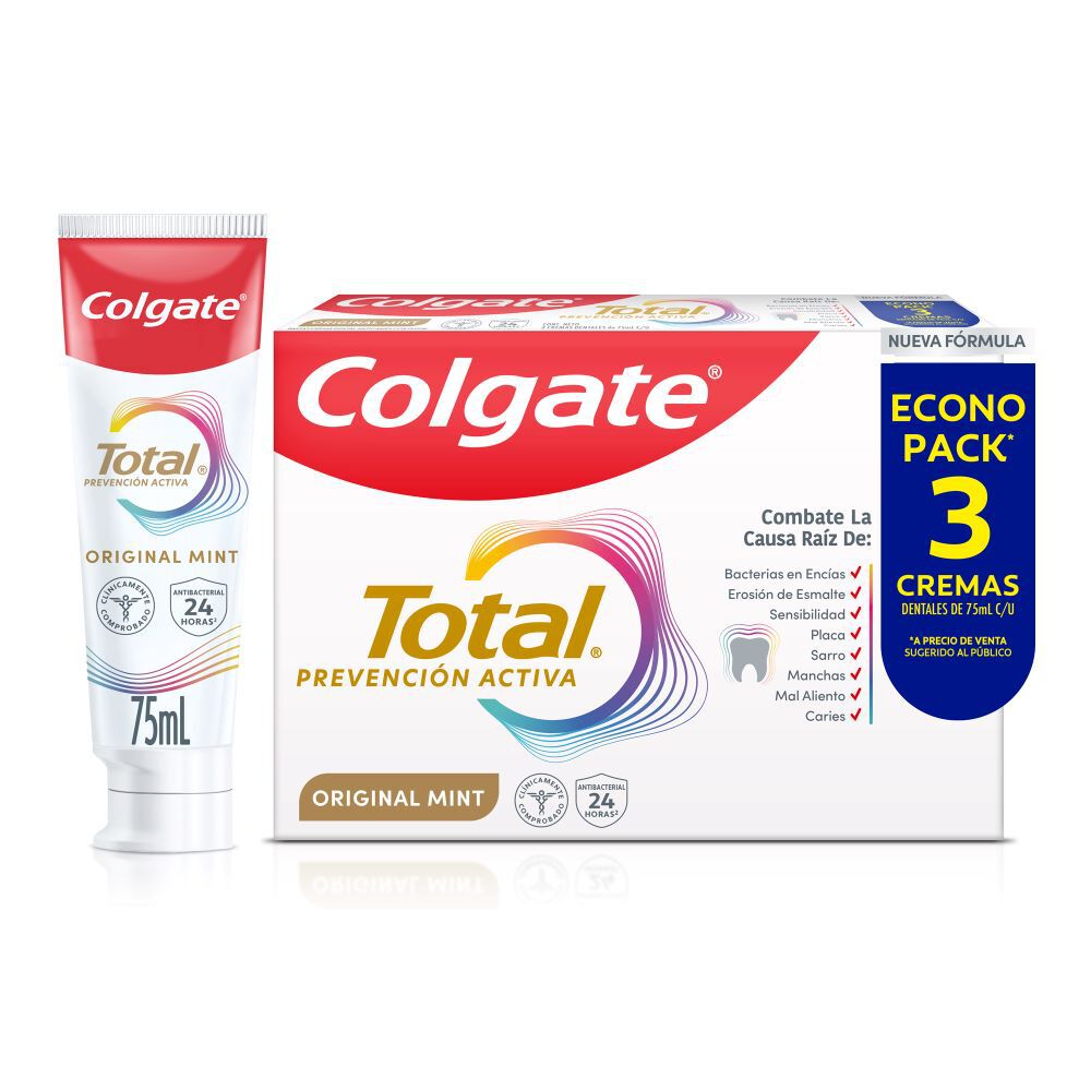 Crema Dental Colgate Total Original Mint Prevención Activa 3X75Ml