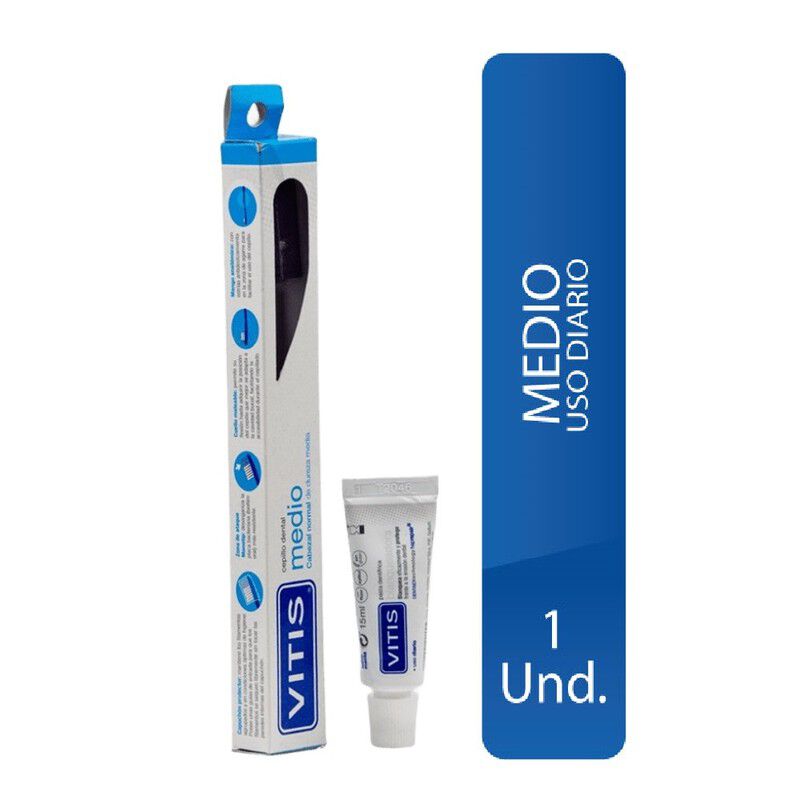 Cepillo Dental + Pasta Dentrifica Vitis Blanqueadora Normal De Dureza Media Kit 1 Cepillo + Tubo 15Ml