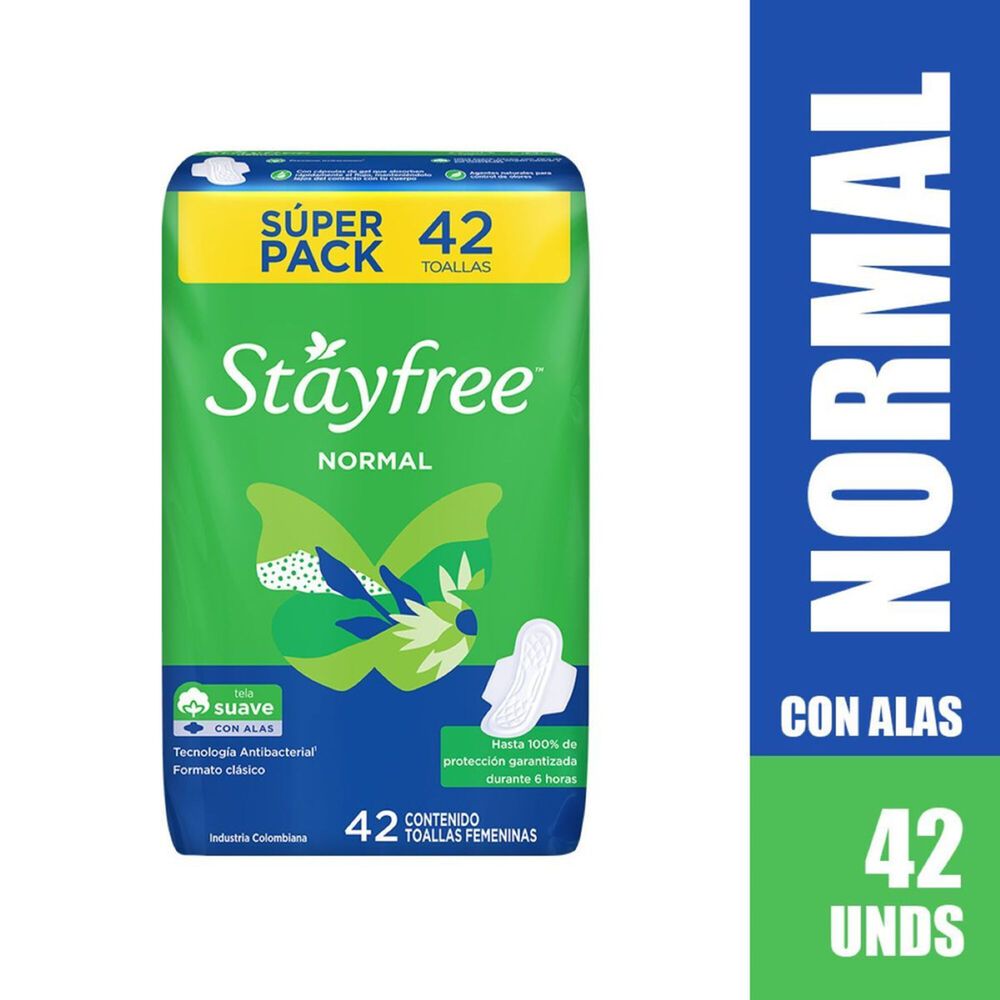 Super-Pack-Toallas-Femeninas-Stayfree-Con-Alas-Normal-Tela-Suave-Bolsa-X-42-imagen-1