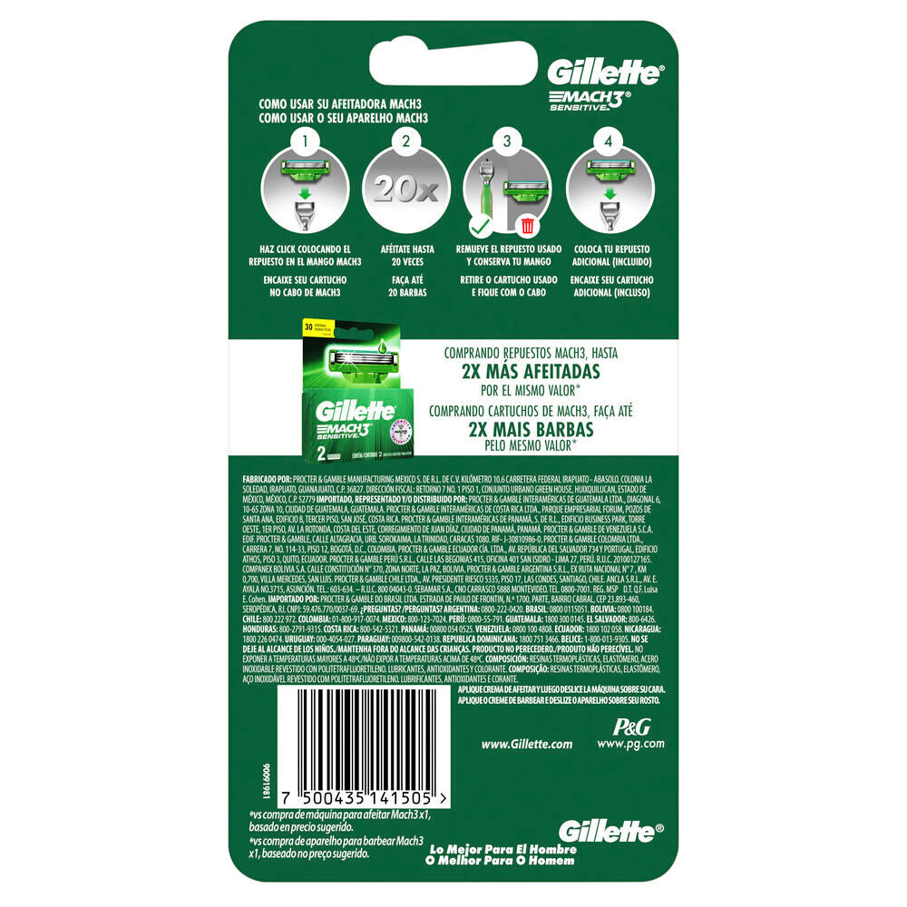 Maquina-Afeitar-+2-Repuestos-Gillette-Mach-3-Sensitive-imagen-2