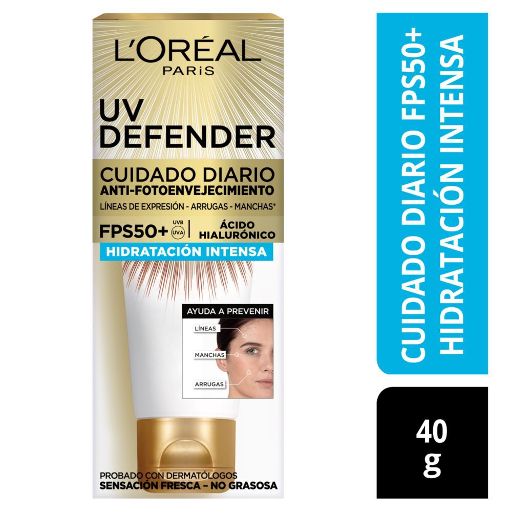 Crema-Cuidado-Diario-Hidratación-Intensa-Loreal-Paris-Uv-Defender-Anti-Fotoenvejecimiento-Fps-50-No-Grasosa-Tubo-X-40Gr-imagen-1