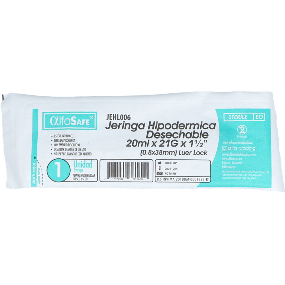 Jeringa Alfasafe 20mL Sobre X 1