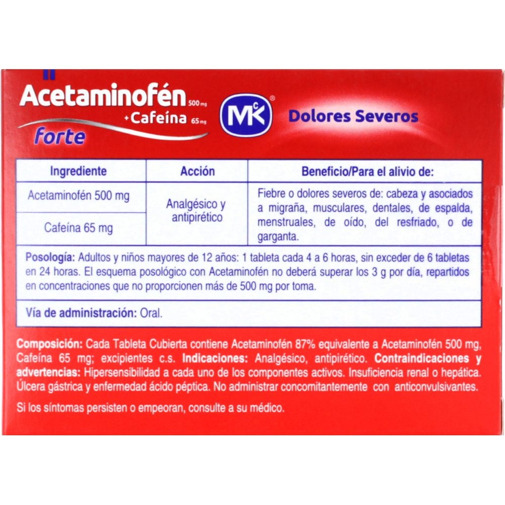 Acetaminofén Forte Mk (500+65)Mg Caja X 16 Tabletas Los expertos en