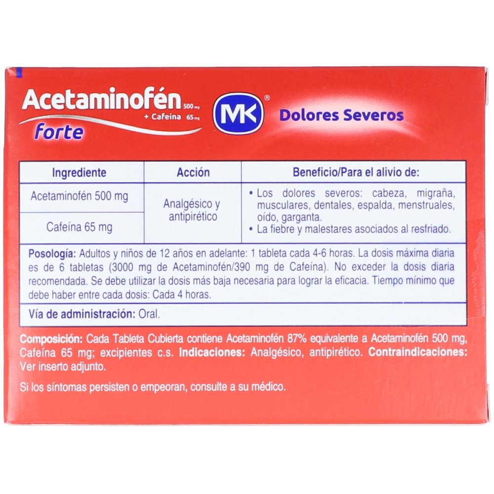 Acetaminofén Forte MK (500+65) mg Caja X 8 Tabletas Recubiertas Los