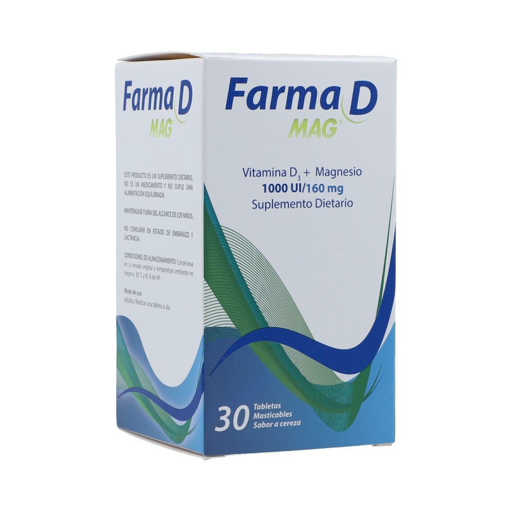 Farma D Mag (Vitamina D3 1000 UI + Magnesio 160 mg) Tabletas Masticables Sabor Cereza Frasco X